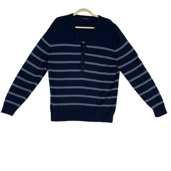French Connection Striped Henley Sweater XXL Navy Cotton‎ Long Sleeve Pullover - Picture 1 of 8
